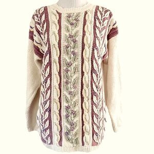 Women's Cream and Pink Cable Knit Sweater